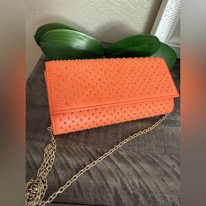 Orange Studded Chain Clutch